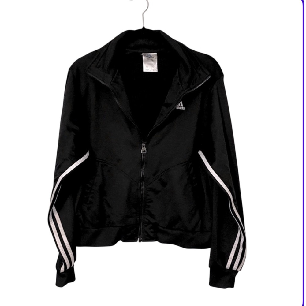Adidas Vintage Woman’s Black White Funnel Neck Zipper Workout Track Jacket Sz M